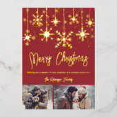 Invitation En Aluminium or neige élégante rouge joyeux noël 2 photos (Recto)