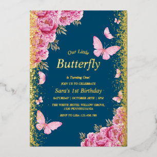 Invitation En Aluminium Or Premier 1er Anniversaire Papillons Roses Bleu