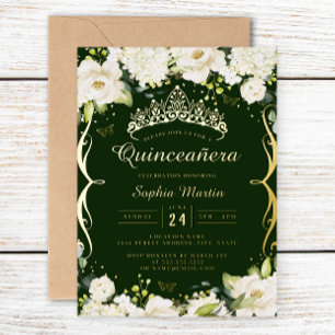 Invitation En Aluminium Or Quinceanera Floral Défilement Émeraude Champagn