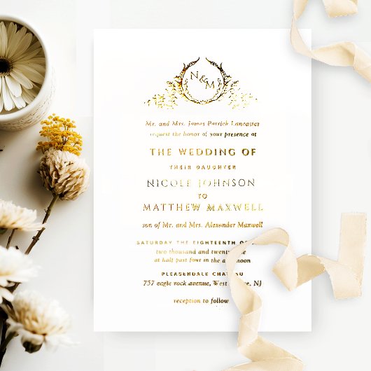 Invitation En Aluminium Or Réel Feuille Élégant Formel Monogramme Mariage