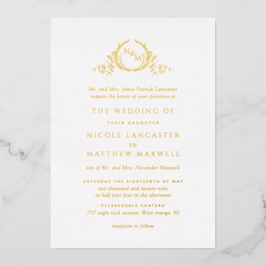 Invitation En Aluminium Or Réel Feuille Élégant Formel Monogramme Mariage (Recto)