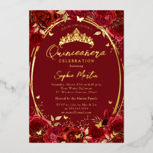 Invitation En Aluminium Or Rouge Captivant Papillon Floral Quinceanera