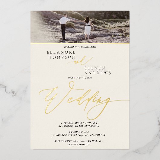 Invitation En Aluminium or script ivoire 2 photos mariage (Recto)