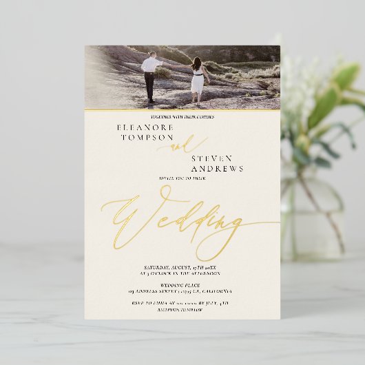 Invitation En Aluminium or script ivoire 2 photos mariage (Debout devant)