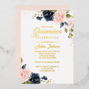 Invitation En Aluminium OR VÉRITABLE FEUILLE Rose Navy Floral Quinceanera