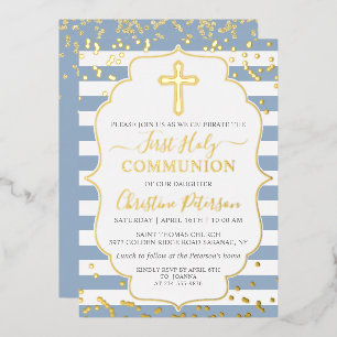 Invitation En Aluminium Or véritable poussiéreux bandes bleues Première co