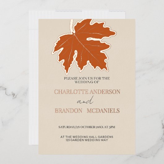 Invitation En Aluminium Orange Automne Feuille d'érable Mariage Rose Gold  (Enveloppe)