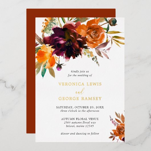 Invitation En Aluminium Orange Bourgogne Brûlé Floral Rustique Mariage Or (Recto/Verso)