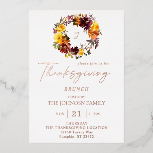 Invitation En Aluminium Orange et jaune fleuri Thanksgiving Wreath (Recto)