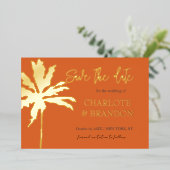 Invitation En Aluminium Orange Gold Palm Tree Beach Mariage Enregistrer La (Debout devant)