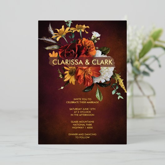 Invitation En Aluminium Orange Orange Chute Florale Mariage moderne (Debout devant)