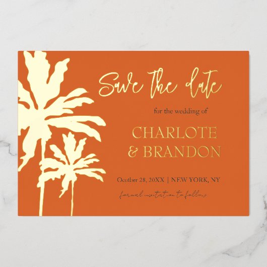 Invitation En Aluminium Orange Palm Trees Beach Mariage Enregistrer La Dat (Recto)