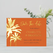 Invitation En Aluminium Orange Palm Trees Beach Mariage Enregistrer La Dat (Debout devant)
