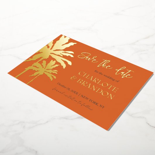 Invitation En Aluminium Orange Palm Trees Beach Mariage Enregistrer La Dat (Rotation)