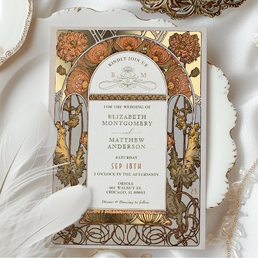 Invitation En Aluminium Orange Poppy Mariage Foil Art Nouveau Mucha