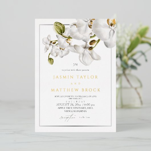 Invitation En Aluminium Orchids Frame Elegant Wedding (Debout devant)