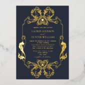 Invitation En Aluminium Ornat Gold Blue Floral Line Art Monogramme Mariage (Recto)