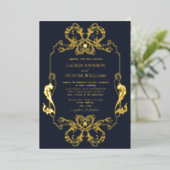 Invitation En Aluminium Ornat Gold Blue Floral Line Art Monogramme Mariage (Debout devant)