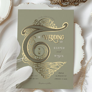 Invitation En Aluminium Ornat Monogram Mariage Élégante typographie