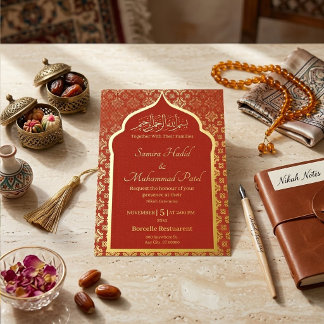Invitation En Aluminium Orné Arch Islamique Musulman Rouge et Or Bismillah