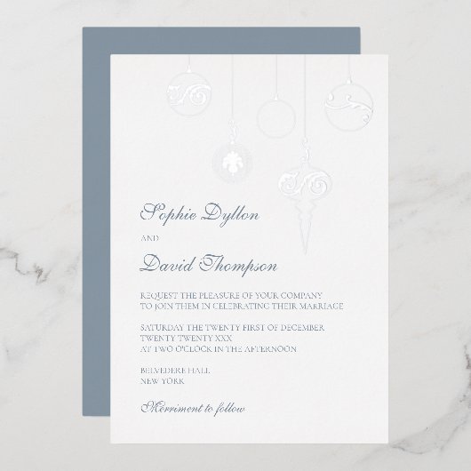Invitation En Aluminium Ornements Bauble de Noël Mariage bleu glace Argent (Recto/Verso)