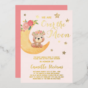 Invitation En Aluminium Ours en rose sur la Lune Baby Shower Fille