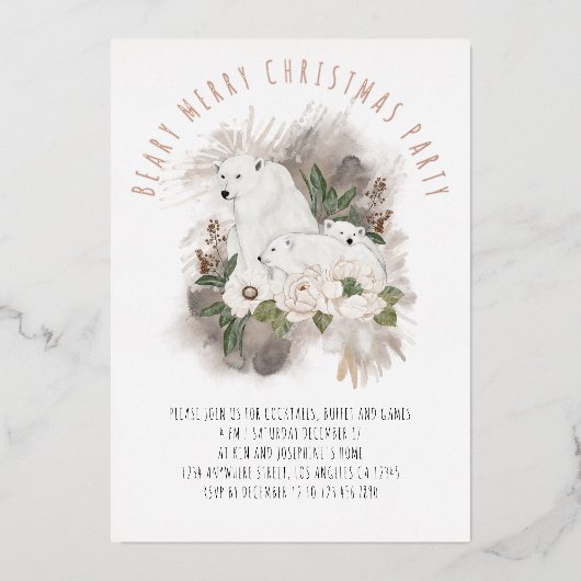 Invitation En Aluminium Ours Polaires Beary Joyeux Noël Party Luxe (Recto)
