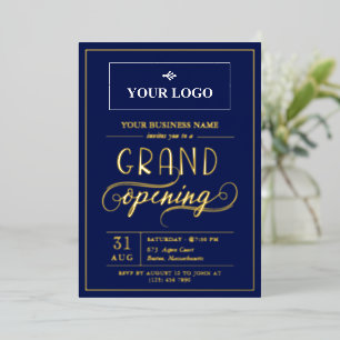 Invitation En Aluminium Ouverture Grandiose Bleu Foncé & Or Large Logo