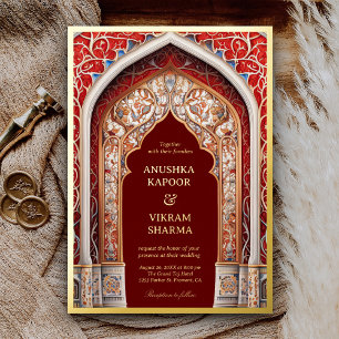 Invitation En Aluminium Palais Indien Royal Arc Rouge Mariage Marron Or