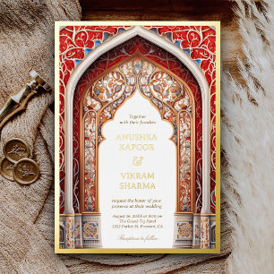 Invitation En Aluminium Palais Indien Royal Mariage Arche Rouge Or