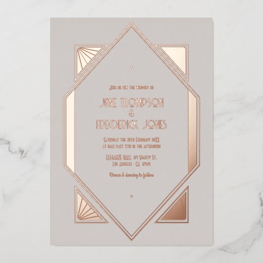 Invitation En Aluminium Pale Gray & Rose Gold Gatsby Art Deco Wedding (Recto)