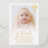 Invitation En Aluminium Pale Pale Rose Pâle de croix d'or Baptême Foil (Recto)