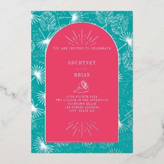 Invitation En Aluminium Palm Feuille rose + Blue Beach Wedding (Recto)