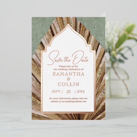 Invitation En Aluminium Palm Leaf Sage Green Enregistrer la date (Debout devant)