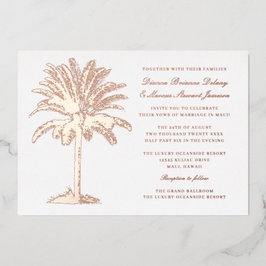 Invitation En Aluminium Palm Tree Island Destination Mariage Rose Gold (Recto)