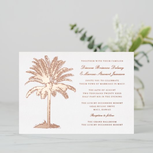 Invitation En Aluminium Palm Tree Island Destination Mariage Rose Gold (Debout devant)