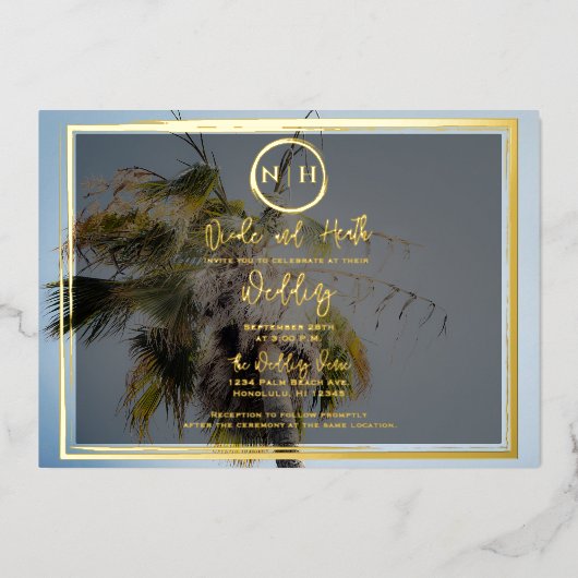 Invitation En Aluminium Palm Tree Tropical Elegant Photo Mariage Gold (Recto)