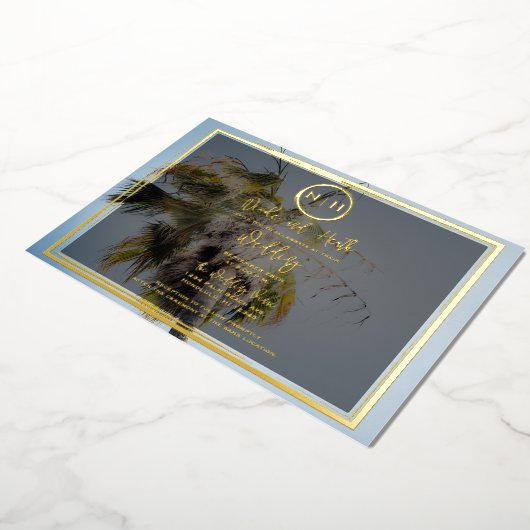 Invitation En Aluminium Palm Tree Tropical Elegant Photo Mariage Gold (Rotation)