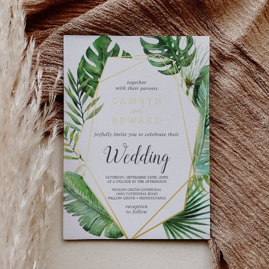 Invitation En Aluminium Palme tropicale sauvage | Gold Foil Mariage géomét