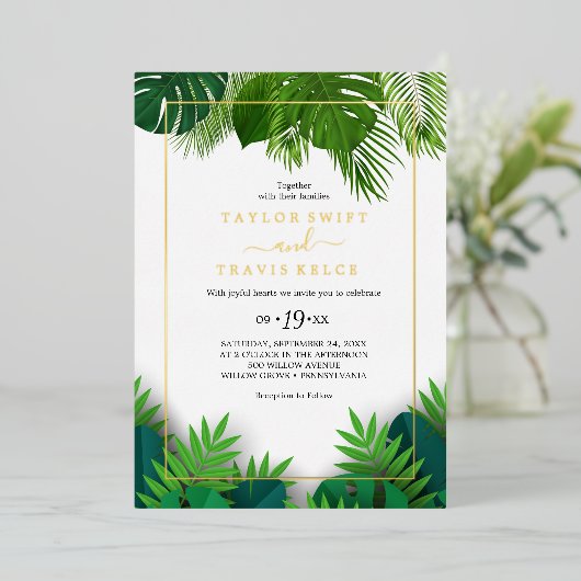 Invitation En Aluminium Palme tropicale sauvage | Mariage Hexagon Gold Foi (Debout devant)