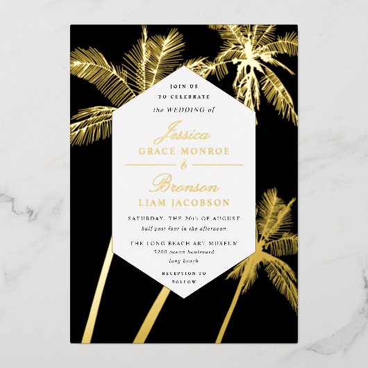 Invitation En Aluminium palmiers dorés mariage tropical sophistiqué (Recto)