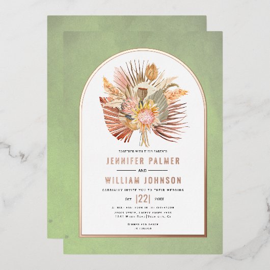 Invitation En Aluminium Palmiers, pampas herbe sauge vert mariage or rose (Recto/Verso)
