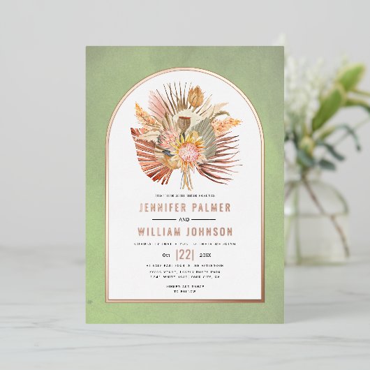 Invitation En Aluminium Palmiers, pampas herbe sauge vert mariage or rose (Debout devant)