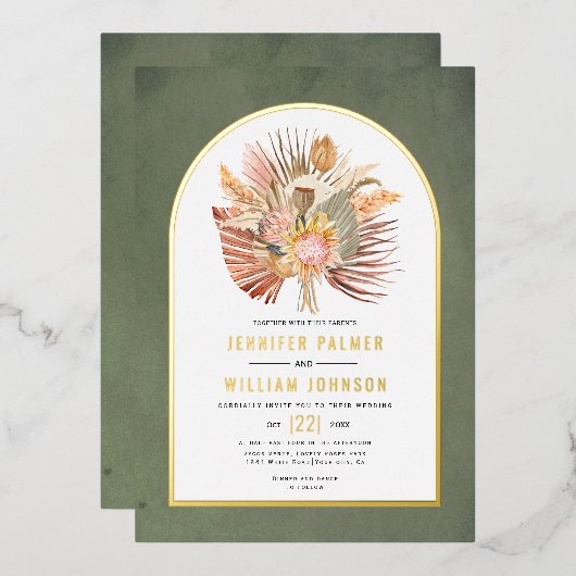 Invitation En Aluminium Palmiers séchés, pampas herbe vert mariage or réel (Recto/Verso)