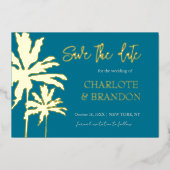 Invitation En Aluminium Palmiers turquoises Mariage Plage Économisez La Da (Recto)