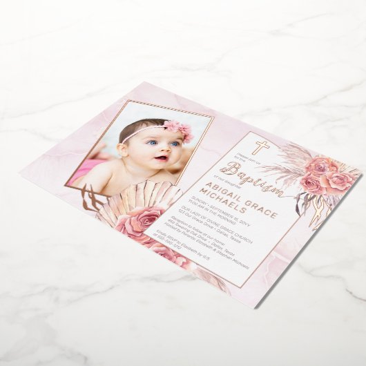 Invitation En Aluminium Pampas Grass | Rose Blooms Girl Baby Photo Baptism (Rotation)