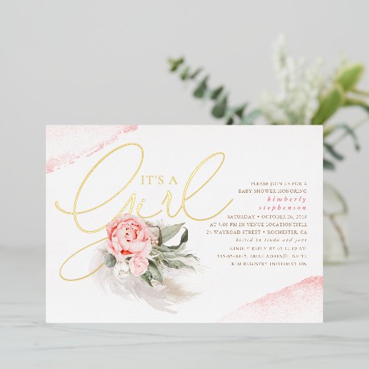 Invitation En Aluminium Pampas Grass rose Floral Cute Baby shower Real (Debout devant)