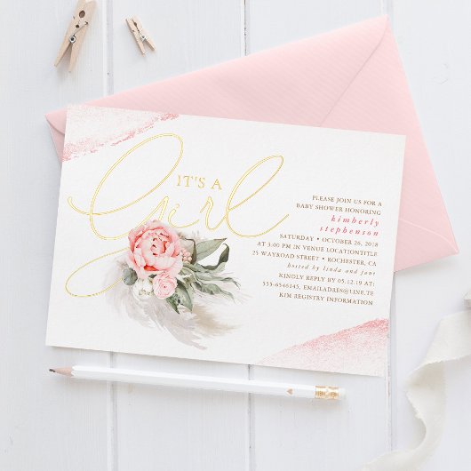 Invitation En Aluminium Pampas Grass rose Floral Cute Baby shower Real