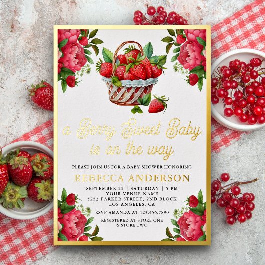 Invitation En Aluminium Panier de fraises Berry Baby shower doux Or