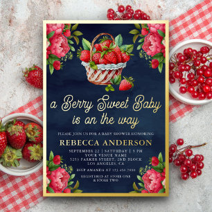Invitation En Aluminium Panier de fraises Douce Baby Shower Bleu Nuit Or